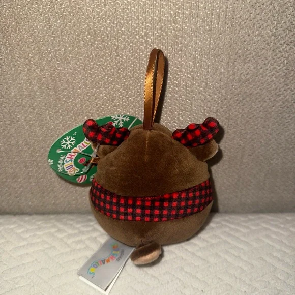 Squishmallows Festive Brown Reindeer Ornament with Plaid Scarf - Picture 2 of 2